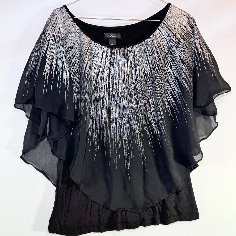 ALYX‎ petite Women's Black Silver PM Layered Metallic Flutter Sleeve Top